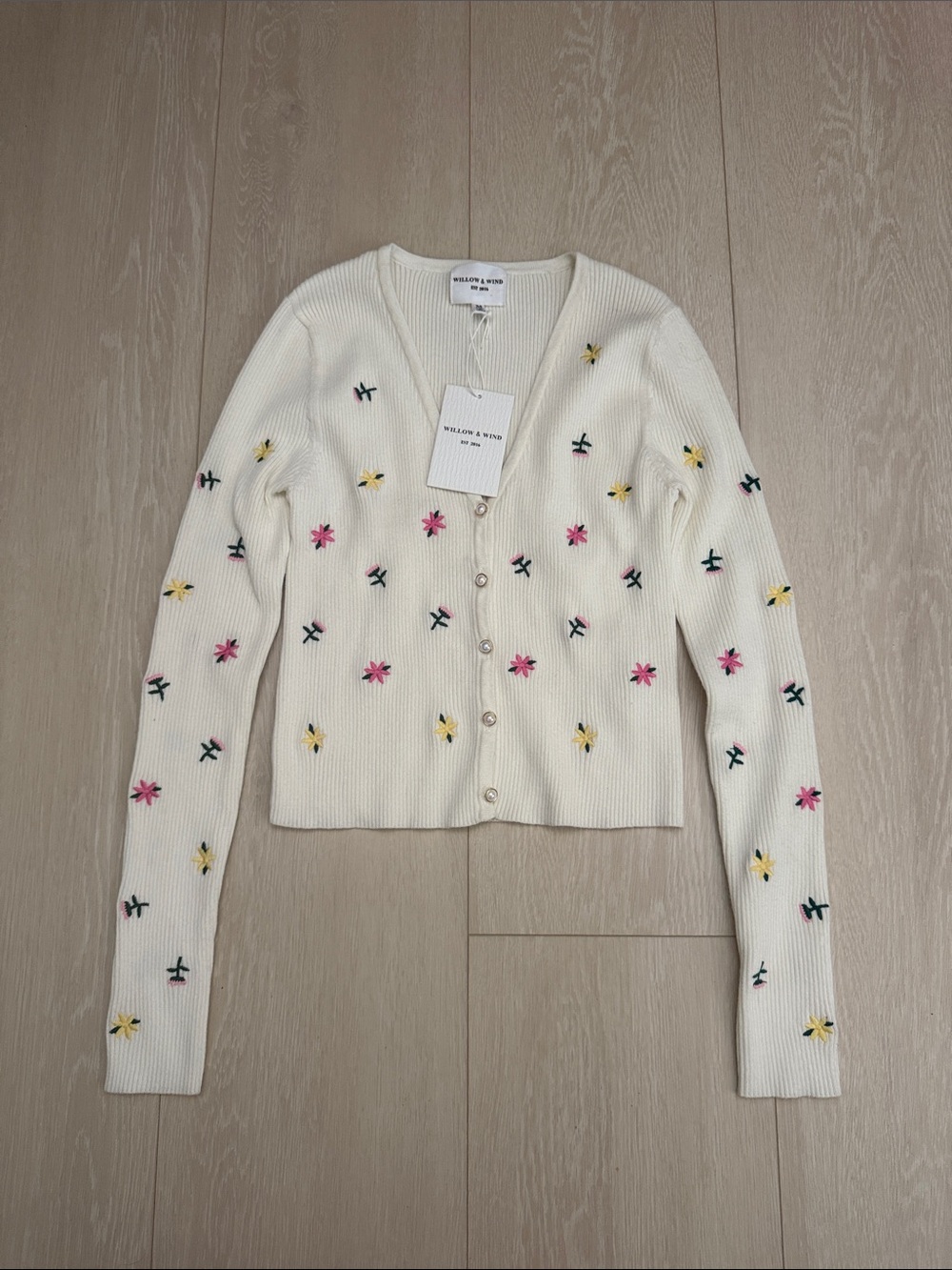 Willow & Wind Cream Floral Embroidered V-Neck Cardigan